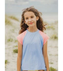 Girls' Cornflower Peach Sleeve Short Sleeve Rash Guard (Toddler, Little Kid, Big Kid) -Volcom Sportswear Shop 7631513256104 blue 3a